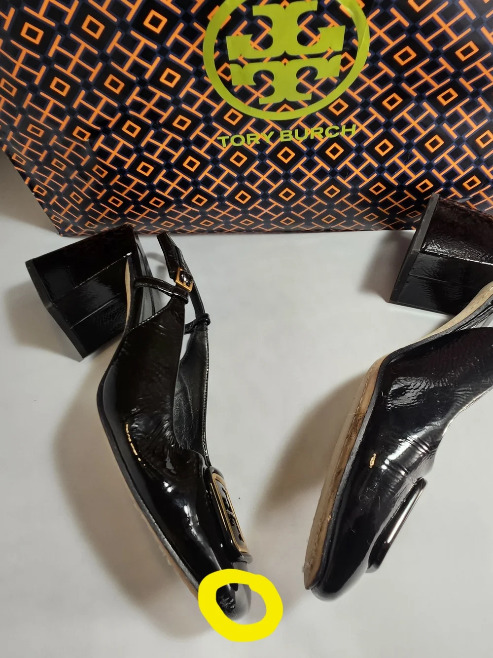 Authentic Tory Burch Black Patent Slingback Block Heel Pumps